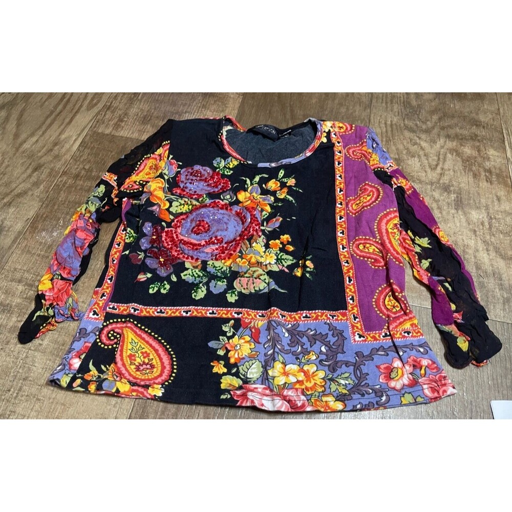 Temptation Blouse Top Womens Large L Long Sleeve Floral Black Colorful Shirt